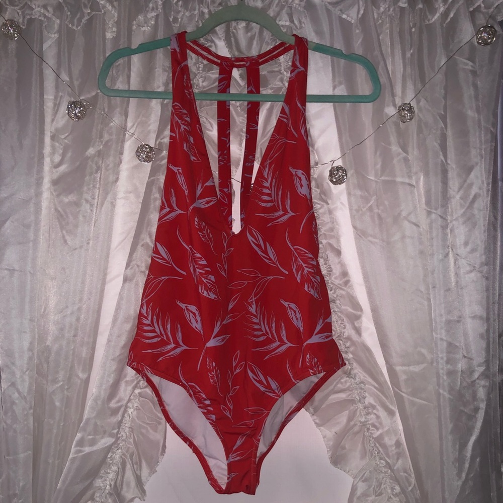 Red printed one piece bathing suit